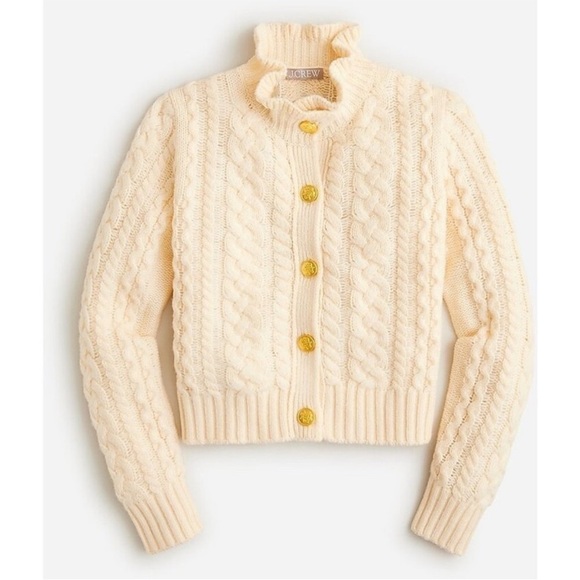 J.Crew Ruffleneck Cable Cardigan Sweater XXL White Cream BV351 Gold Buttons NWT - Picture 1 of 13